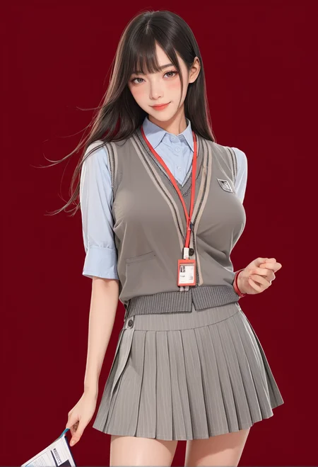 1girl,red background,,ruanyi1019,collared shirt,grey skirt,pleated skirt,sweater vest,grey vest,lanyard,cowboy shot,thigh gap,<lora:1019 Home wear 35_v1_pony:1>, score_9, score_8_up, score_7_up, score_6_up, score_9, score_8_up, score_7_up, score_6_up source_anime, blush, 1girl, seduce smile, perfect body , natural huge breasts