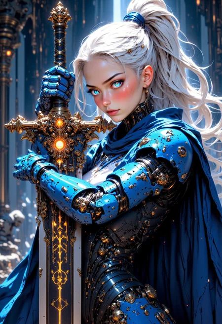 Cinematic close up shot of a beautiful cyborg woman, white long hair in a ponytail, wearing a blue mechanical armor, glowing core in the middle of her chest. Mechenical arms, sharp shoulder armor, holding her arms crossed over each other, looking into the camera over he shoulder, futuristic water temple in background, pov from the side, holding a giant sword, amazing details on the sword, distantfuture, mythp0rt, hkstyle