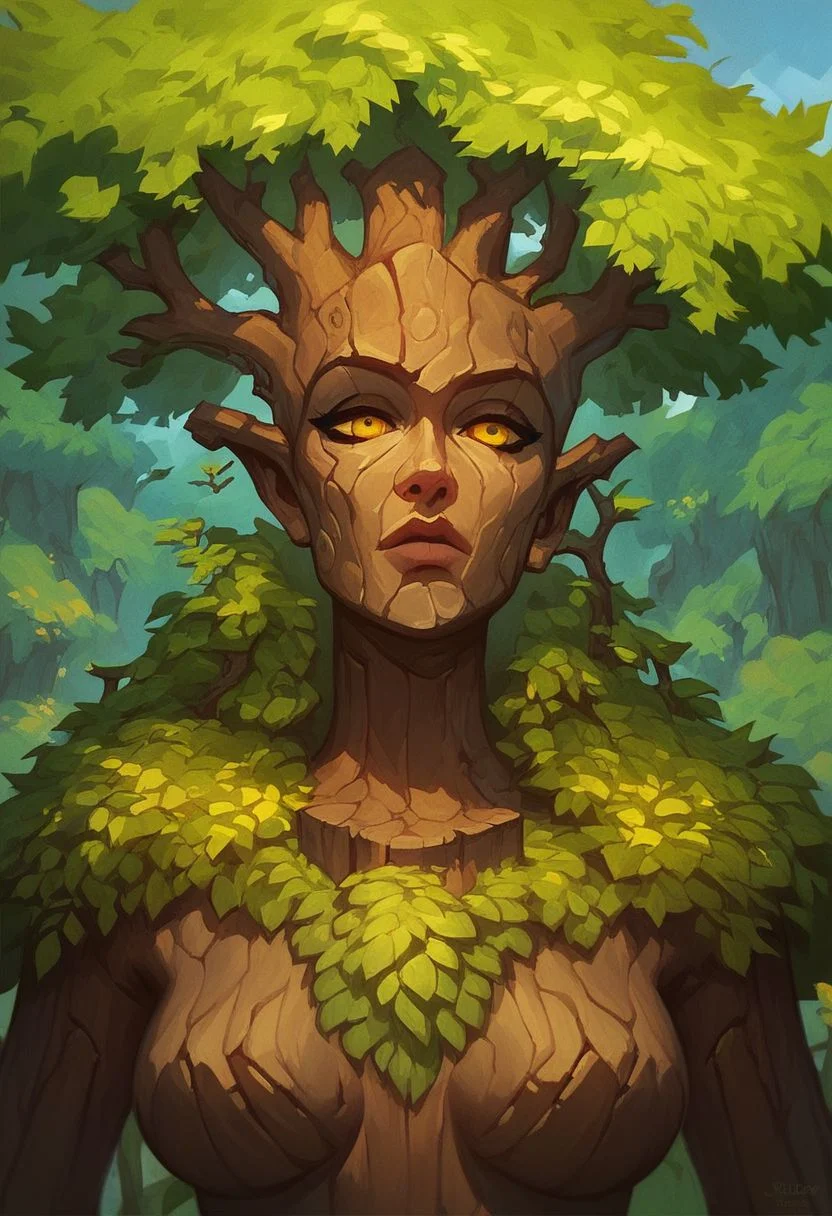 score_9, score_8_up, 8, score_7_up, score_6_up, ((masterpiece)), solo, portrait,
Ent, living tree, Wood texture, colored bark, colored foliage, 1girl, yellow eyes, yellow foliage, white bark, birch bark,
Fantasy ruins of the scenery