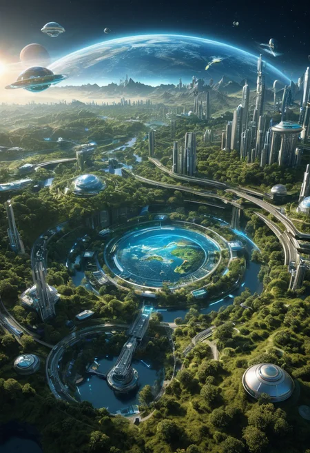 Holographic Horizons Create an image showing a futuristic world where holographic technology shapes everyday life and landscapes. Robotics,
extra detailed,
earth on year 2150