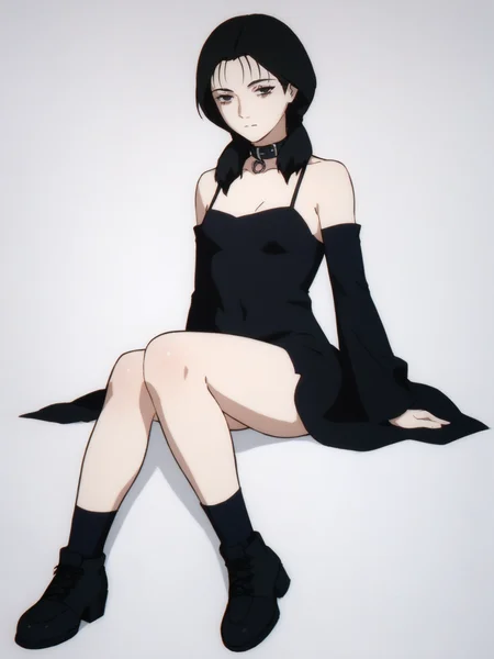 woman, 20 y/o, 20 year old, 20 year old woman, adult, score_9, score_8_up, score_7_up, score_6_up, score_5_up, BREAK masterpiece, high quality, white background, solo, <lora:Yomoda_Chisa_PDXLv0-e55:0.8> yomoda chisa, gothic, v:1.2, small breasts, black dress. white dot dress, full body, sitting, black footwear, black collar, death girl,