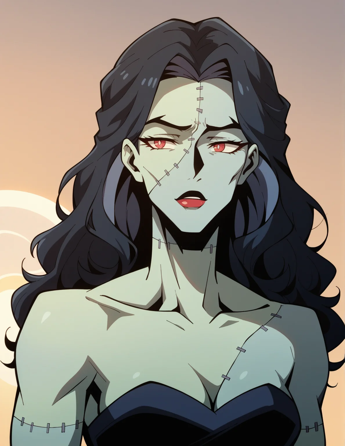 woman, portrait, stitched skin, colored skin, red eyes, beautiful woman, cleavage, black strapless dress, long hair, curly hair, sunset background, tall woman<lora:The_Bride:0.8> br1de, score_9, score_8_up, score_7_up, score_6_up, 2d, digital art, masterpiece <lora:Expressive_H:0.4> expressiveh <lora:princess_xl_v2:0.3> <lora:g0th1c2XLP:0.3> g0th1c