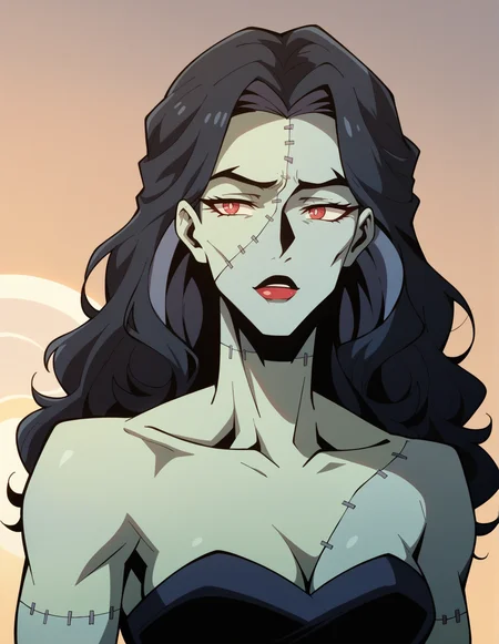 woman, portrait, stitched skin, colored skin, red eyes, beautiful woman, cleavage, black strapless dress, long hair, curly hair, sunset background, tall woman<lora:The_Bride:0.8> br1de, score_9, score_8_up, score_7_up, score_6_up, 2d, digital art, masterpiece <lora:Expressive_H:0.4> expressiveh <lora:princess_xl_v2:0.3> <lora:g0th1c2XLP:0.3> g0th1c