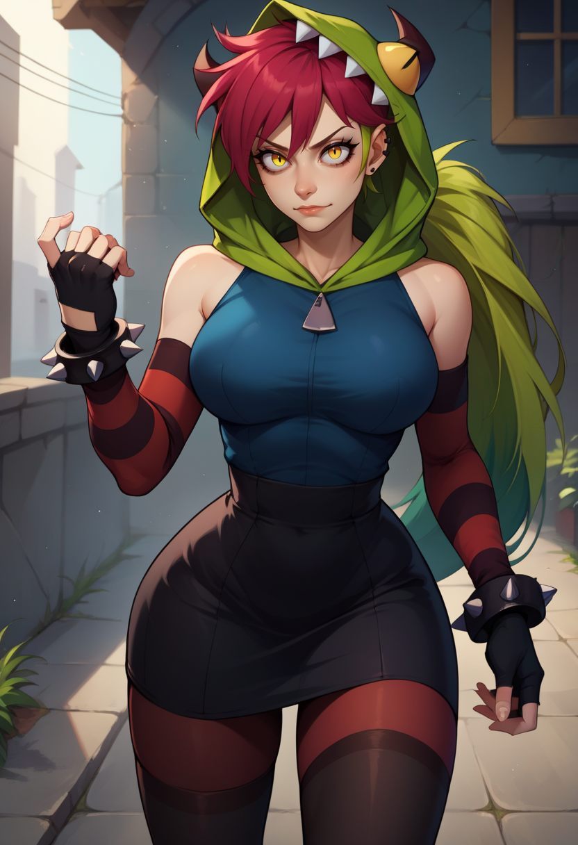 score_9, score_8_up, score_7_up, BREAK,  <lora:demenciaXL:1> demenciaXL, 1girl, solo, long hair, breasts, looking at viewer, black skirt, large breasts, gloves, bare shoulders, jewelry, yellow eye, black eye, pantyhose, red hair, green hair, hood, heterochromia, fingerless gloves, bracelet, two-tone hair, hoodie, piercing, spikes, spiked bracelet,thighhighs, better hands