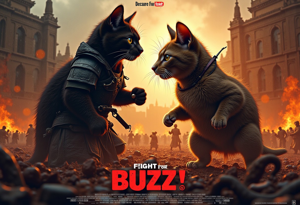 Fight Stance, drunken fist, high kick, a ghst Silhouette of a fluffy feudal armored shinobi cat in the Rain, Blood and water Fluids, proudly amidst a vibrant battlefield. Surround her with dynamic particles of Blood and gore, infront of the chaotic energy of a historical war scene.
very detailed, atmospheric haze, Film grain, cinematic film still, shallow depth of field, highly detailed, high budget, cinemascope, moody, epic, OverallDetail, gorgeous, 2000s vintage RAW photo, photorealistic, candid camera, color graded cinematic, eye catchlights, atmospheric lighting, skin pores, imperfections, natural, shallow dofintricate, elegant, fantasy art, portrait, dark, retro, ecstatic, plain, powerful, realistic, navy blue, dark color
 mvpstrCE style
((((Display the text "the cat vs rat .. fight for BUZZ!" on a movie poster)))).