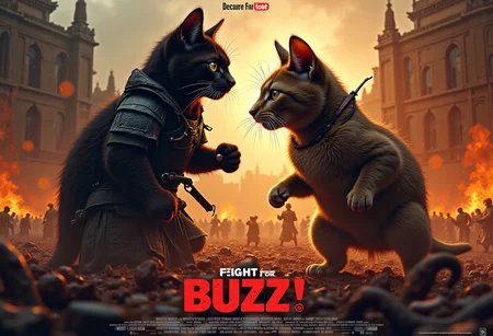Fight Stance, drunken fist, high kick, a ghst Silhouette of a fluffy feudal armored shinobi cat in the Rain, Blood and water Fluids, proudly amidst a vibrant battlefield. Surround her with dynamic particles of Blood and gore, infront of the chaotic energy of a historical war scene.
very detailed, atmospheric haze, Film grain, cinematic film still, shallow depth of field, highly detailed, high budget, cinemascope, moody, epic, OverallDetail, gorgeous, 2000s vintage RAW photo, photorealistic, candid camera, color graded cinematic, eye catchlights, atmospheric lighting, skin pores, imperfections, natural, shallow dofintricate, elegant, fantasy art, portrait, dark, retro, ecstatic, plain, powerful, realistic, navy blue, dark color
mvpstrCE style
((((Display the text "the cat vs rat .. fight for BUZZ!" on a movie poster)))).