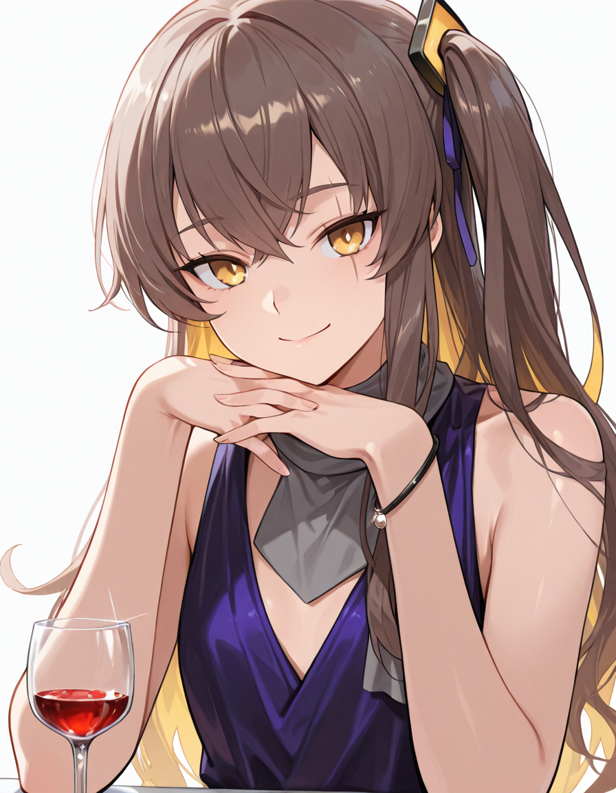 Volumetric Lighting, (masterpiece), (best quality), (ultra-detailed), masterpiece, source_anime, score_9, score_8_up, score_7_up BREAK, illustration, disheveled hair, detailed eyes, perfect composition, moist skin, intricate details, detailed eyes, detailed face, detailed fingers BREAK, UMP45, brown hair, long hair, one side up, yellow eyes, scar across eye BREAK, DiamondFlower, DF_dress, DF_scarf, DF_hair_ribbon,DF bracelet BREAK, ((white background)), looking at viewer, smile, closed mouth, upper body, cup, one side up, holding glass, alcohol, drinking glass, wine glass