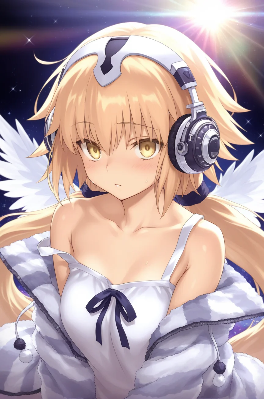 metatronjeanne,1girl,blonde hair,solo,long hair,headphones,twintails,jeanne d'arc \(fate\),wings,<lora:metatronjeanne:0.8>,, masterpiece,best quality,amazing quality,