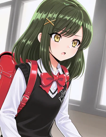 <lora:TachibanaYuria_illust_2:0.7>masterpiece, best quality, 1girl, solo, tachibana yuria, green hair, x hair ornament,
black sweater vest, white shirt, long sleeves, red bowtie, randoseru, open mouth, looking to the side