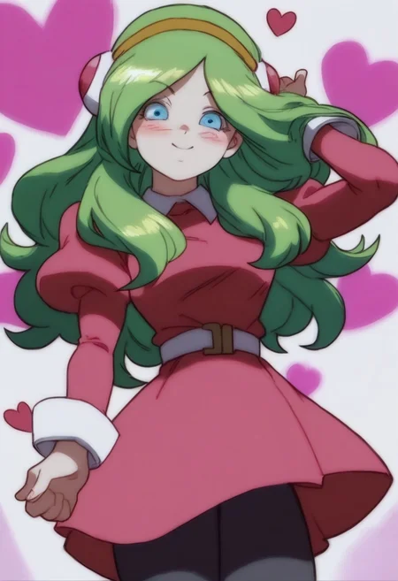 safe_pos, score_9, score_8_up, score_7_up, solo, female, extremely detailed, brianne, long hair, green hair, blue eyes, long sleeves, dress, juliet sleeves, hairband, puffy sleeves, white belt, black pantyhose, pink dress, yellow hairband, white collar, sleeve_cuffs, hair ornament, red dress, hearts background, looking at viewer, smile, blush, view from below, looking down,