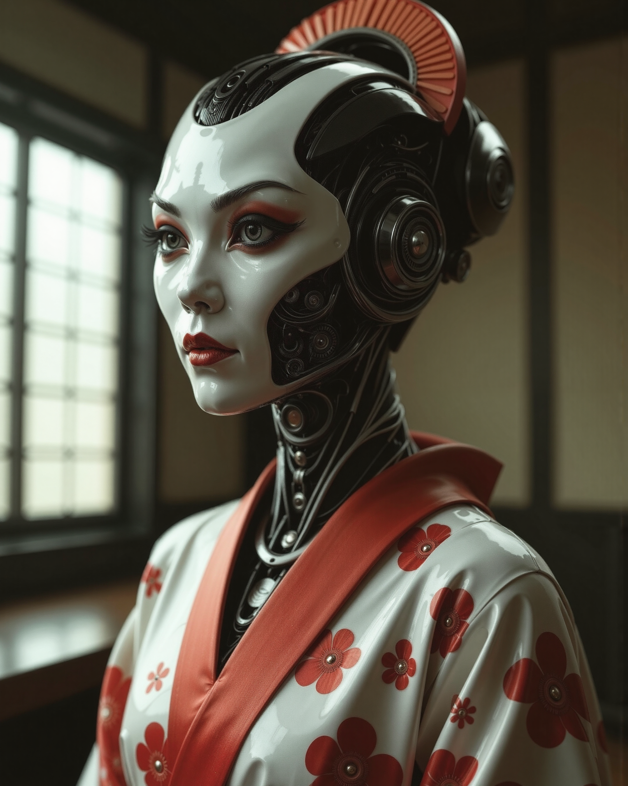 in the style of ckrcc, woman Geisha is an android, the plastic cyborg mask is open, the mechanical parts of the robot are visible inside, the android is very sinister and dangerous, from the epic movie Ghost in Armor, erie japanese teahouse background