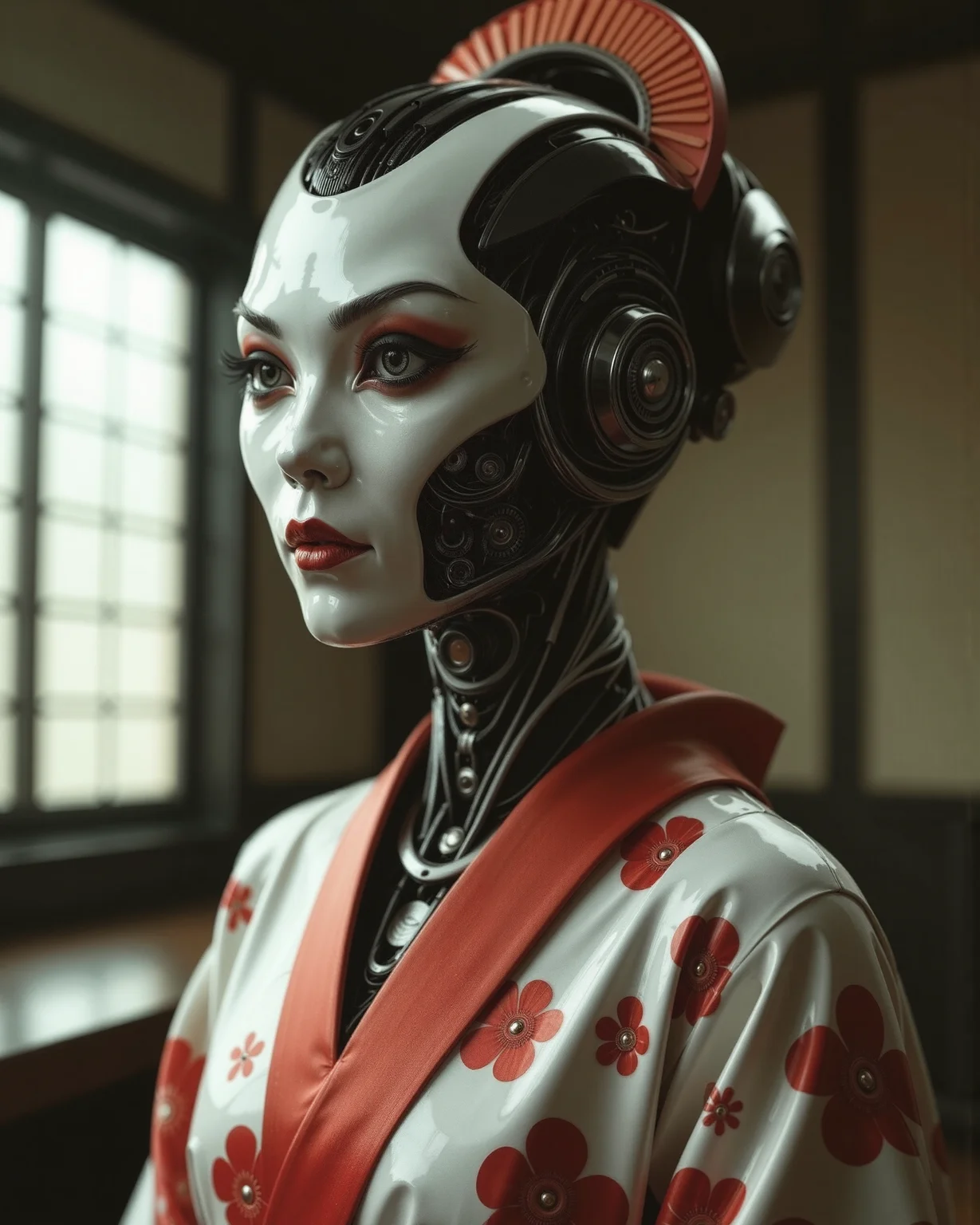 in the style of ckrcc, woman Geisha is an android, the plastic cyborg mask is open, the mechanical parts of the robot are visible inside, the android is very sinister and dangerous, from the epic movie Ghost in Armor, erie japanese teahouse background