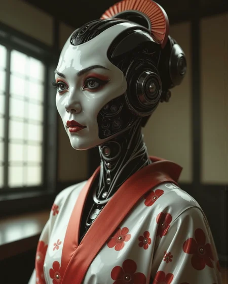 in the style of ckrcc, woman Geisha is an android, the plastic cyborg mask is open, the mechanical parts of the robot are visible inside, the android is very sinister and dangerous, from the epic movie Ghost in Armor, erie japanese teahouse background