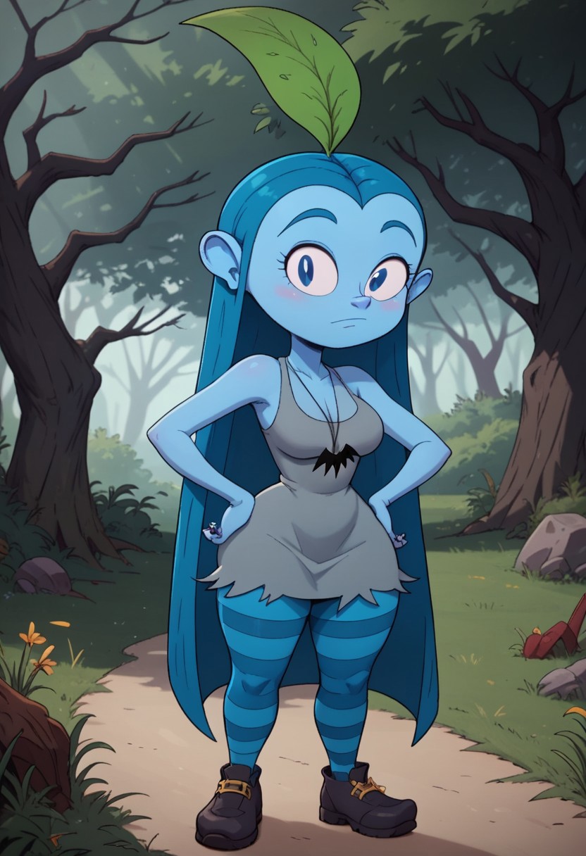 ((forest background)),score_9, score_8_up, score_7_up,score_6_up, 
1girl, solo, Bluehilda_B, light blue skin, blue eyes, dark blue hair, long straight hair, large green leaf on the head, black painted nails, simple gray dress torn at the edges, black bat pendant, blue and black horizontal tights, black shoes with curved tips and gold buckle, big eyes, big ears, cute face, medium stature, perfect eyes, cowboyshot, hands on hips, looking at the viewer, standing, big breasts, huge hips, huge thighs, huge ass,