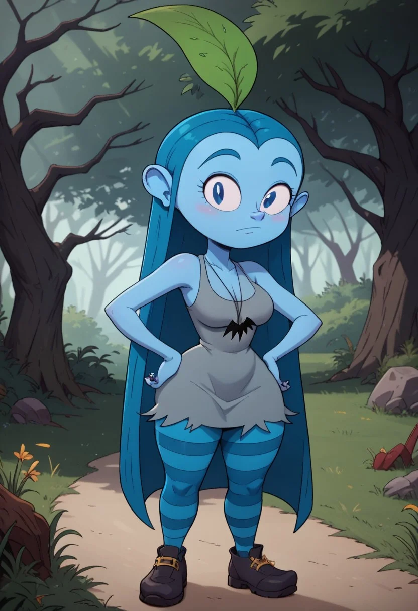 ((forest background)),score_9, score_8_up, score_7_up,score_6_up,
1girl, solo, Bluehilda_B, light blue skin, blue eyes, dark blue hair, long straight hair, large green leaf on the head, black painted nails, simple gray dress torn at the edges, black bat pendant, blue and black horizontal tights, black shoes with curved tips and gold buckle, big eyes, big ears, cute face, medium stature, perfect eyes, cowboyshot, hands on hips, looking at the viewer, standing, big breasts, huge hips, huge thighs, huge ass,