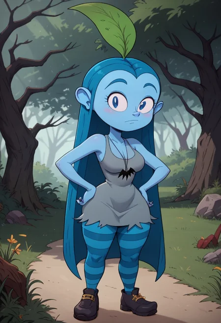((forest background)),score_9, score_8_up, score_7_up,score_6_up,
1girl, solo, Bluehilda_B, light blue skin, blue eyes, dark blue hair, long straight hair, large green leaf on the head, black painted nails, simple gray dress torn at the edges, black bat pendant, blue and black horizontal tights, black shoes with curved tips and gold buckle, big eyes, big ears, cute face, medium stature, perfect eyes, cowboyshot, hands on hips, looking at the viewer, standing, big breasts, huge hips, huge thighs, huge ass,