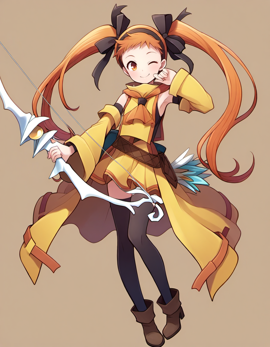 <lora:DHERivieralyuri_SDXL_Illustrious01_fp16_ver02:1>,DHERivieralyuri, 1girl, twintails, orange eyes, orange hair, hairband, hair ribbon, detached sleeves, dress,skirt, belt, black thighhighs, ankle boots,bow (weapon),smile,one eye closed,, masterpiece, best quality, very aesthetic, absurdres,<lora:detailed_hands:1>,hand