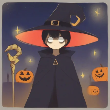 10k Res, Gritty, noir, Bright, (Cell Shading), (masterpiece), 1girl, cute, witch, holding staff, night time, halloween