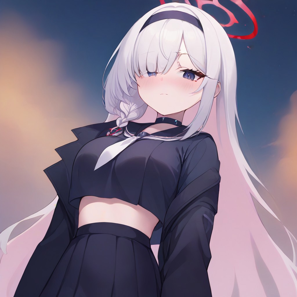 score_9, score_8_up, score_7_up, source_anime, anime screencap, masterpiece, expressive eyes, perfect face, night time, {plana, blue archive plana, halo, white hair, long hair, black sailor shirt, black skirt}, huge breasts, midriff, from below
