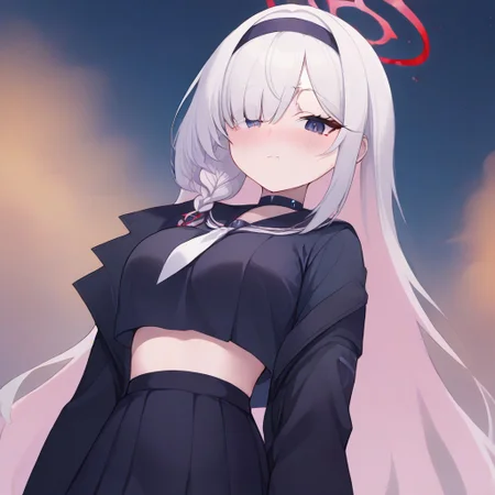 score_9, score_8_up, score_7_up, source_anime, anime screencap, masterpiece, expressive eyes, perfect face, night time, {plana, blue archive plana, halo, white hair, long hair, black sailor shirt, black skirt}, huge breasts, midriff, from below