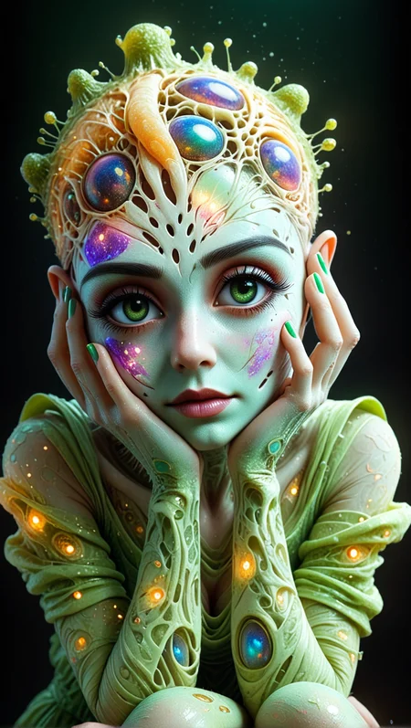 a woman with a weird face and body art work on her face and body, with a lot of colorful details on her face, Android Jones, highly detailed digital painting, a 3D render, fantasy art <lora:TheWeirdies:0.8> TheWeirdies <lora:dvr-cl-dvsn:0.8> dvr-cl-dvsn