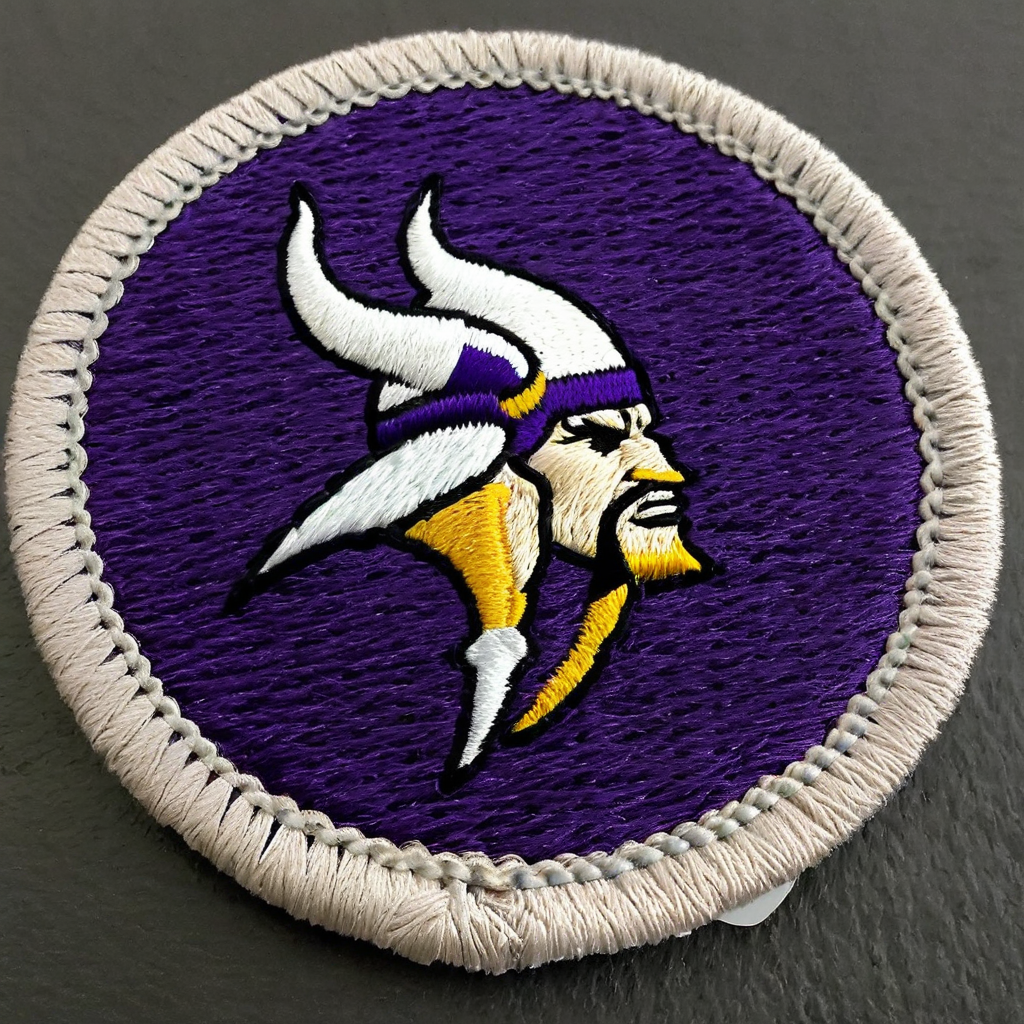 macro photograph of a circular embroidered patch of the Minnesota Vikings NFL logo , in meritbadge style, plain background, extremely detailed, contrasting complementary colors, vignette, symmetry, centered, <lora:meritbadge_StyleXLv7.0:1>