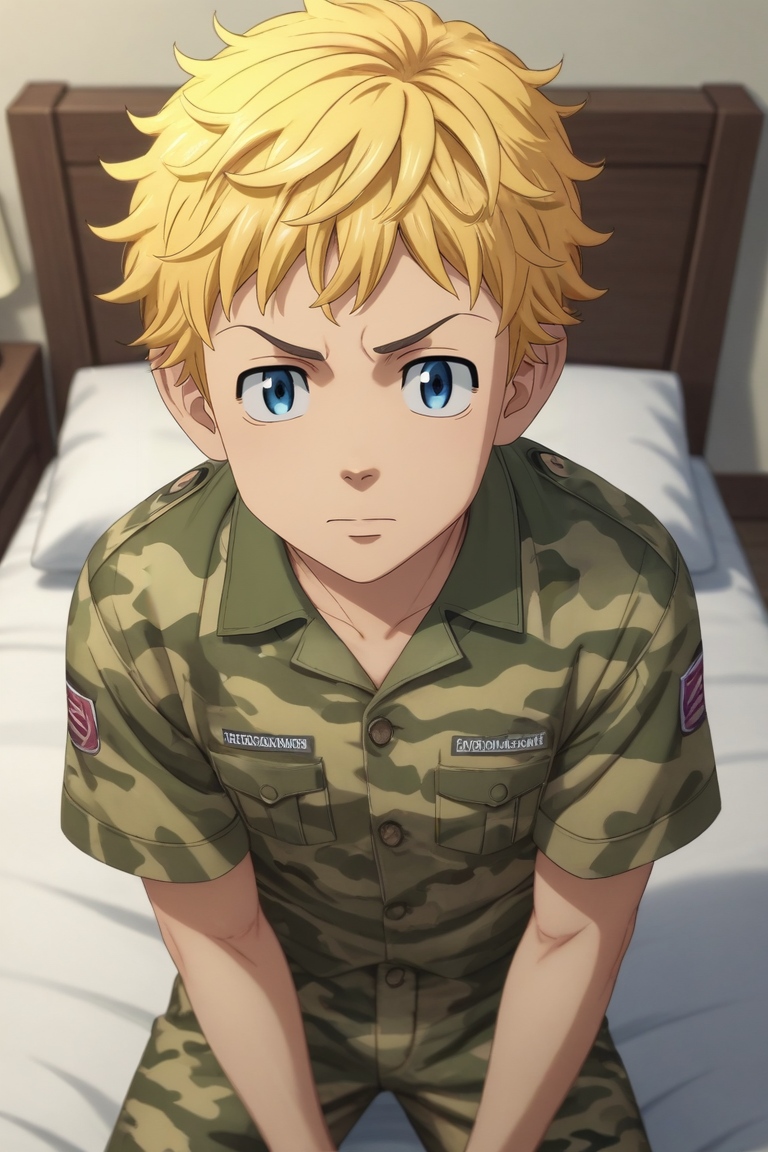 score_9, score_8_up, score_7_up, source_anime, rating_safe, intricate details, (3d:0.4), , depth of field, 1boy, solo, male focus, <lora:takemichi_hanagaki_pony:0.96>, takemichi_hanagaki, blonde hair, blue eyes, short hair, , from above, bedroom, bed, nightstand, light, (dynamic pose), :\3, camo costume, <lora:sdxl_lightning_8step_lora:1>