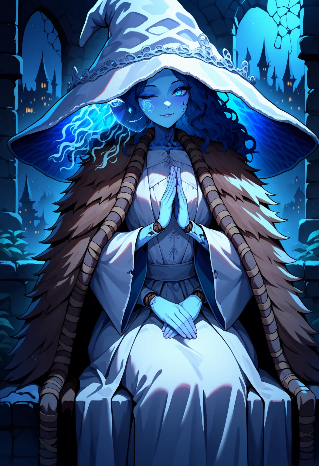 masterpiece, best quality, newest, absurdres, highres, 1girl, RnnDef, blue eyes, one eye closed, blue hair, wavy hair, (4 arms:1.2), extra faces, ghost face, blue skin, colored skin, cracked skin, doll joints, witch hat, large hat, white headwear, white dress, long sleeves, wide sleeves, fur cloak, brown cloak, <lora:Ranni_illusXLNoobAI_Incrs_v1-000012:1>, sitting, own hands together, seductive smile, night, dark, dim light, castle,