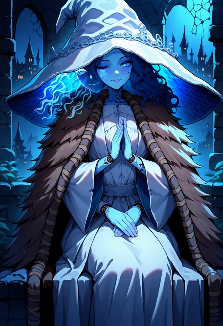 masterpiece, best quality, newest, absurdres, highres, 1girl, RnnDef, blue eyes, one eye closed, blue hair, wavy hair, (4 arms:1.2), extra faces, ghost face, blue skin, colored skin, cracked skin, doll joints, witch hat, large hat, white headwear, white dress, long sleeves, wide sleeves, fur cloak, brown cloak, <lora:Ranni_illusXLNoobAI_Incrs_v1-000012:1>, sitting, own hands together, seductive smile, night, dark, dim light, castle,