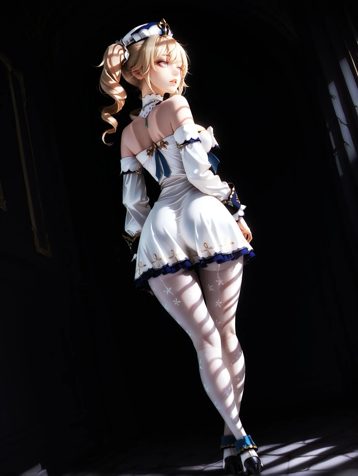 masterpiece, very aesthetic, best quality, hiper-detailed, intricate details, dramatic light, dynamic light, rich colors, solo, wide hips, 21 years old, dark, darkness, imtdmariesplat, 1girl, dynamic angle, from behind, looking back, looking away, full body, imtdbadbara, 1girl, blonde hair, twintails, blue eyes, bare shoulders, drill hair, bangs, averted eyes, long hair, parted lips, dress, hat, white dress, twin drills, long sleeves, detached sleeves, pantyhose, hair ornament, white pantyhose, realistic, white headwear, necklace, medium breast, eyelashes, detached collar