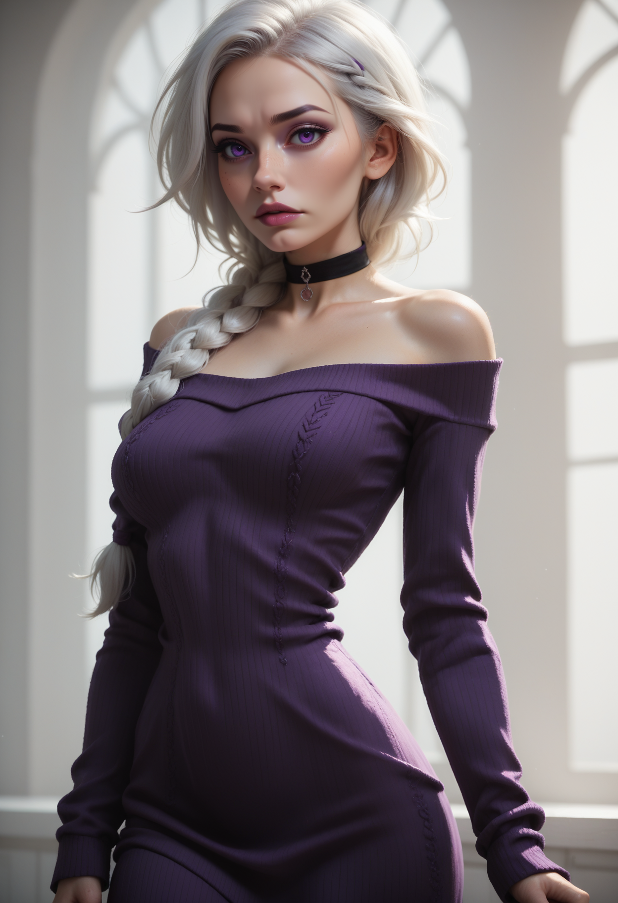 score_9, score_8_up, score_7_up, 1girl, solo, sexy sweater dress, purple dress, long sleeves, bare shoulders, black choker, <lora:Dark_Violet_Pony_v0.1:0.5> d4rkv10l3t, white hair, single braid, purple eyes,