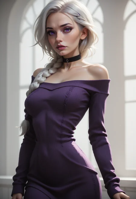 score_9, score_8_up, score_7_up, 1girl, solo, sexy sweater dress, purple dress, long sleeves, bare shoulders, black choker, <lora:Dark_Violet_Pony_v0.1:0.5> d4rkv10l3t, white hair, single braid, purple eyes,