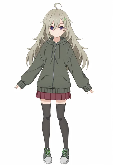 Tsutsuji HIGA,solo,thighhighs,skirt,full body,simple background,white background,hair ornament,looking at viewer,black thighhighs,shoes,red skirt,pleated skirt,sneakers,standing,long sleeves,jacket,closed mouth,hood,sleeves past wrists,smile,zettai ryouiki,brown hair,hood down,hoodie,
<lora:Tsutsuji HIGA_illustrious-000036:1>,long hair