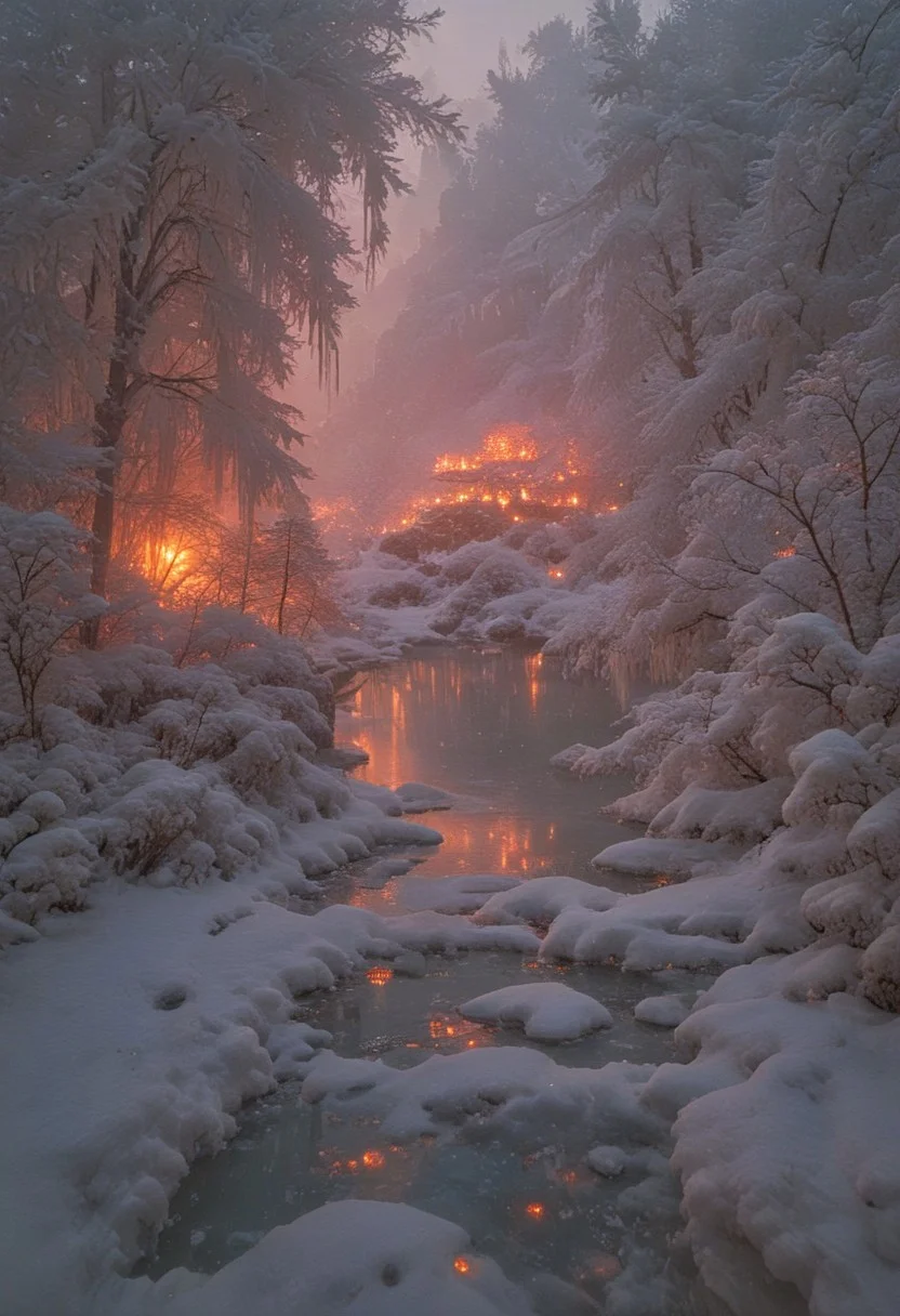psychodelic scenic japan night landscape, novuschroma73 style, sakura garden, (((winter))), snow, frost, frozen, ice, mountains, lake, perfect composition, sunlight, golden hour, haze, low angle, masterpiece, award winning,, ultra detailed, highly detailed, 8k, uhd, Style-Japan, vivid colours, luminous, ethereal, steam from ice melting, ((hot springs, steam rising from water)),