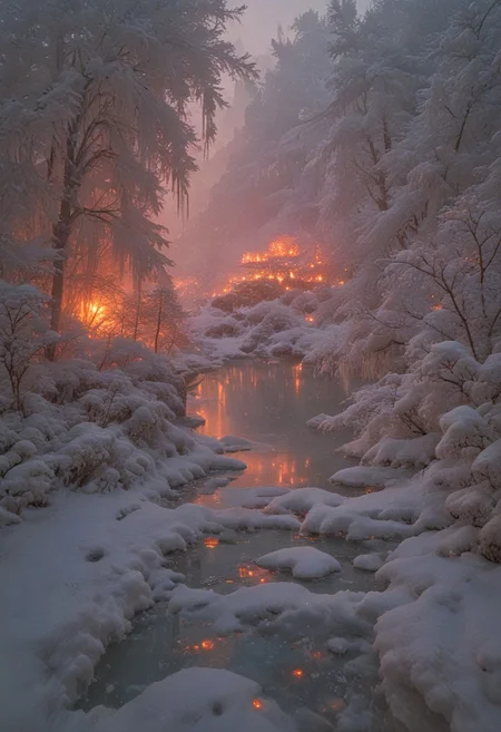 psychodelic scenic japan night landscape, novuschroma73 style, sakura garden, (((winter))), snow, frost, frozen, ice, mountains, lake, perfect composition, sunlight, golden hour, haze, low angle, masterpiece, award winning,, ultra detailed, highly detailed, 8k, uhd, Style-Japan, vivid colours, luminous, ethereal, steam from ice melting, ((hot springs, steam rising from water)),