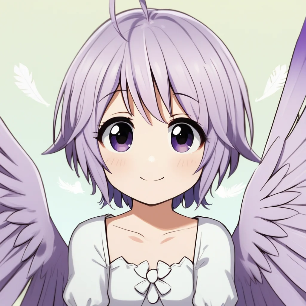 1girl, solo, cute bird girl, light purple hair and feathers , wearing short white dress smiling with wings open infront of viewer