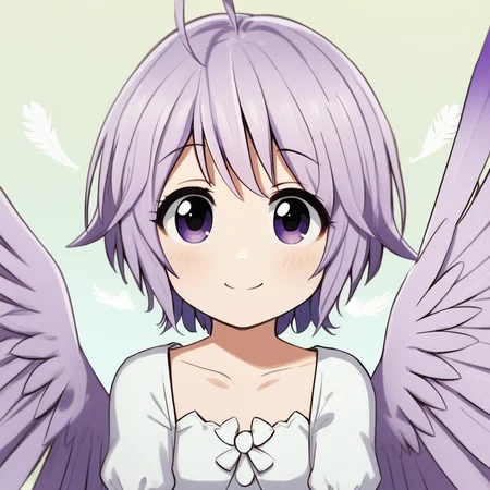 1girl, solo, cute bird girl, light purple hair and feathers , wearing short white dress smiling with wings open infront of viewer