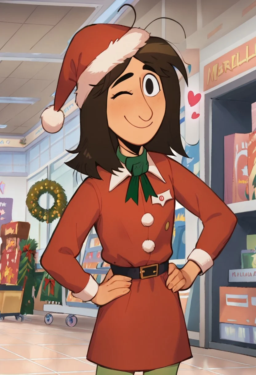score_8_up, score_7_up, 1girl, solo, leah, brown hair, long hair, black eyes, upper body, smile, closed mouth, wink, heart, hands on hips, hip sway, looking at viewer, christmas elf outfit, long sleeves, red hat, skirt, green leggings, fake elf ears, working in mall, crowded mall, christmas season,