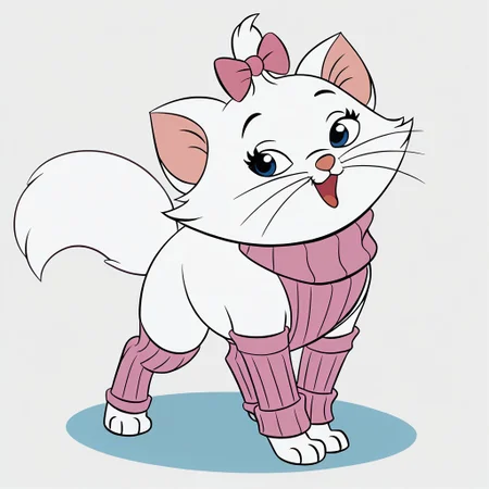 score_9, score_8_up, score_7_up BREAK KittyMarie, 1girl, cat, white fur, blue eyes, pink nose, whiskers, tail, pink hair bow, full body, solo focus, alone, happy, cartoon, source_cartoon, virgin destroyer sweater, detached sleeves, thighhighs,