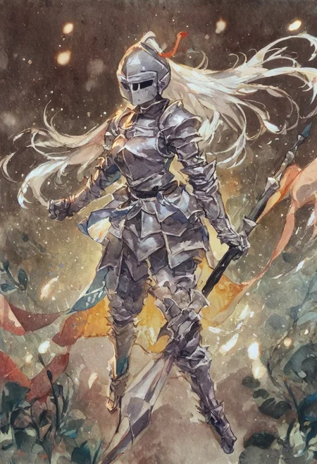 score_9, score_8_up, score_7_up, a female knight wears silver armor and miniskirt and thighhigh boots. She holds long lance , SoftWaterColor, source_anime