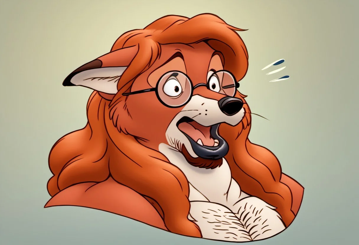 score_9, score_8_up, score_7_up, score_6_up, score_5_up, score_4_up, bedroom background, detailed fur, Kar_B_style, kemono, furry anime, inked lines, heavy lines, detailed sketch, high detail, color pencil, pencil lines, anthro character, anthropomorphic animal, anthropomorphic animals, animal focus, 1boy, solo,((headshot))
BREAK
ArnoldPerlstein, curly hair, orange hair, semi-feral fox, red fur, whiskers, hyper muscles, glasses, open mouth, shocked, ((Fur-GnS, Goatee, Chin Goatee, Facial Hair, Sideburns, muttonchops, hairy chest,))