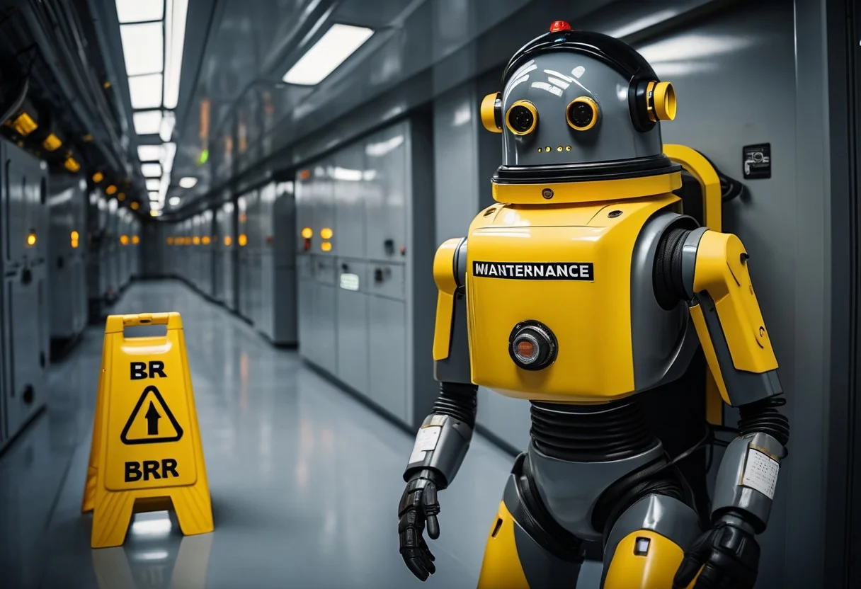 Photo of a maintenance robot, (wearing grey janitor overalls, black work boots and a yellow hardhat), holding a sign that says ("Maintenance, BRB":1.9),in a spaceship corridor, comedic atmosphere, the android has a cyborg face with a world-weary expression, Cinematic lighting, 8k, ultra realistic, hyper detailed, sci-fi, highlights, RAW, realistic, photo, best quality, (dramatic lighting), (sharp focus, intricate), Style-DoF