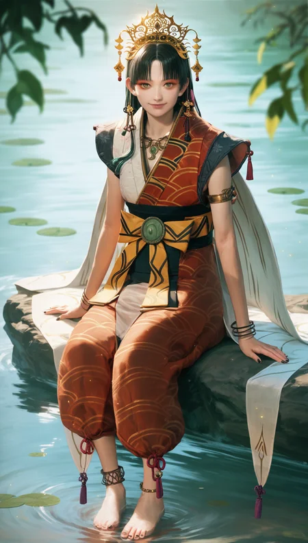 score_9,score_8_up,score_7_up,
<lora:Yoshiro:0.9>,
yoshirogoddess,
realistic,
1girl,solo,
black hair,long hair,hime cut,
yellow eyes,hikimayu,red eyeshadow,
looking at viewer,smile,
ornate gold headdress,jade,intricate traditional robe,sheer cape,large green brooch at waist,bracelets,anklets,black fingernails,red ribbon,barefoot,detailed and traditional design,
full body,sitting,foot in water,
blurry background,bloom,lens flare,shimmering water background reflecting sunlight,lake,light particles,