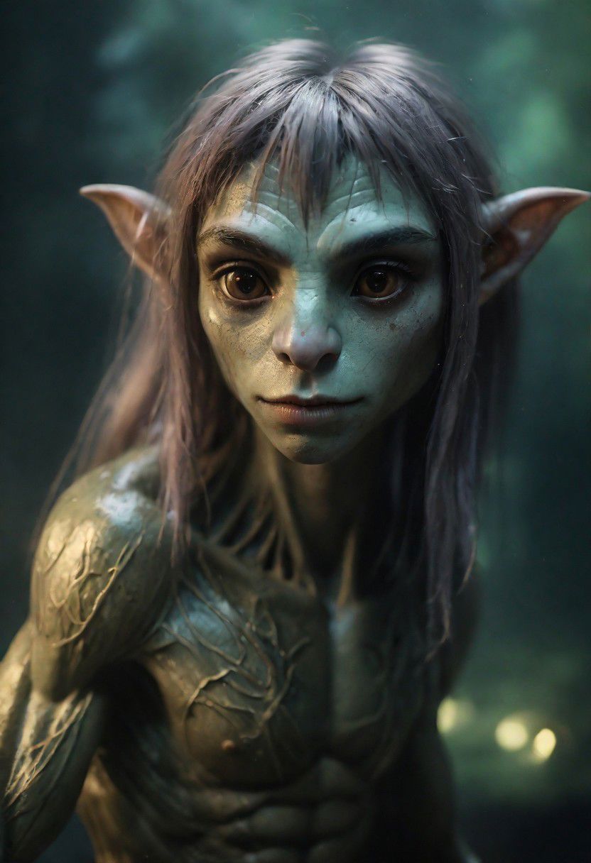 photography in the style of Labirynth, the dark crystal  movies, green, close up of (nature) and (fantasy) creature with a (diminute) sword stained with (detailed:1.5), in a beautiful and ruined ,fantasy,hyper detailed, real skin imperfections, hard lighting, bokeh, ((curi:1.2))(inspire forms in most beautiful New race:1.4) (beautiful:1.4) (ambient fantasy:1.5)(warhammer world:1.0)
