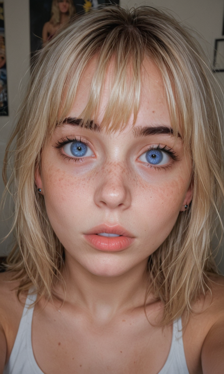 4k selfie with a surprised expression, deep focus, split-diopter lens, close-up, focus on her eyes, cluttered bedroom, posters on walls, ring lighting, long shaggy blonde (bangs between eyes, dark blue eyes, freckles, blush, natural lips, natural eyes, messy hair, black eyebrows, (pierced eybrow:1.2)) taking a selfie, bent forward, mirror behind in distance, her back can be seen in the reflection