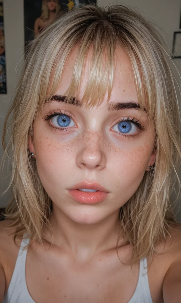 4k selfie with a surprised expression, deep focus, split-diopter lens, close-up, focus on her eyes, cluttered bedroom, posters on walls, ring lighting, long shaggy blonde (bangs between eyes, dark blue eyes, freckles, blush, natural lips, natural eyes, messy hair, black eyebrows, (pierced eybrow:1.2)) taking a selfie, bent forward, mirror behind in distance, her back can be seen in the reflection
