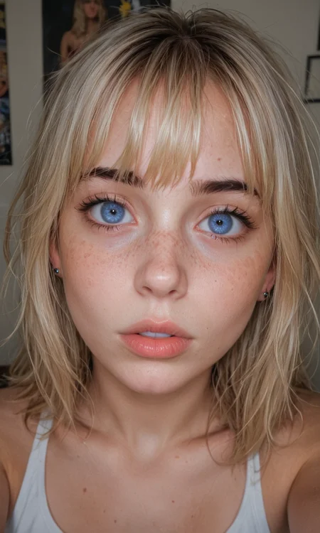 4k selfie with a surprised expression, deep focus, split-diopter lens, close-up, focus on her eyes, cluttered bedroom, posters on walls, ring lighting, long shaggy blonde (bangs between eyes, dark blue eyes, freckles, blush, natural lips, natural eyes, messy hair, black eyebrows, (pierced eybrow:1.2)) taking a selfie, bent forward, mirror behind in distance, her back can be seen in the reflection