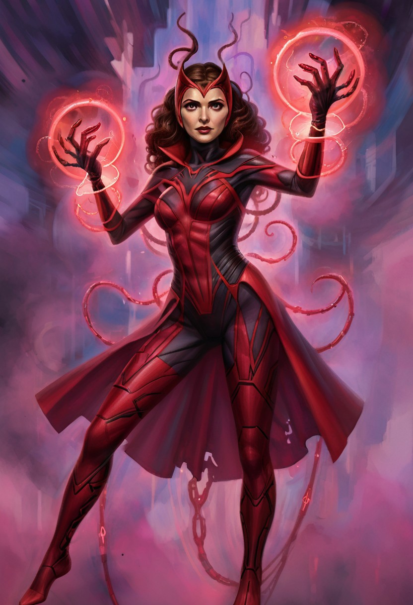 (w4rh4mm3r style oil painting, grimdark), 18 year old marvel scarlet witch woman, cybernetic cyberpunk witch floating in the air with powerful Eldritch magic coming from her hands. cybernetic arm, busty, cleavage