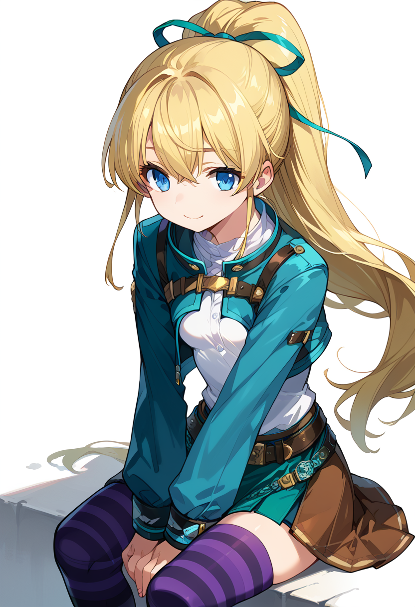 score_9, score_8_up, score_7_up, source anime, noa, 1girl, solo, blonde hair, blue eyes, long hair, smile, belt, hair ribbon, cropped jacket, white shirt, ponytail, skirt, striped thighhighs, hands on own knees, sitting, white background, <lora:noa_rance-xl-pony-v2:0.8>,