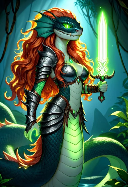 Naga, holding a Glowing Rune Sword, glowing rune armor, long ginger hair, feminine, Curvy
orn8, orn8 design, orn8 lineart design, orn8 design of detailed, schmanzy, naga